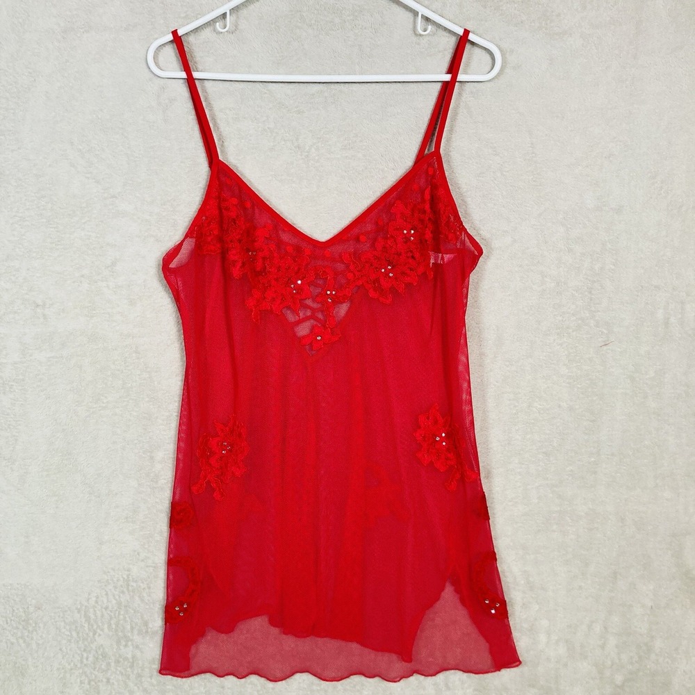 Victoria's Secret Babydoll Women Large Red Lace Mesh Rhinestone Corset Back Sexy